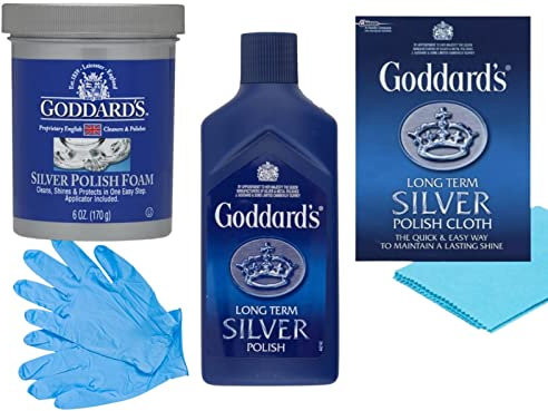 Silver Cleaning Bundle with Silver Polish Foam 170g, Long-Term Silver Polish 125ml, Polishing Cloth, 1 pair gloves - Tarnish Remover, Cleans, Buffs, Protects