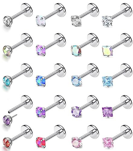 Krfy 20 Stück 18G/20G Piercing Set - 316L Chirurgenstahl Hypoallergen Tragus Nasenpiercing Stecker, Ohrstecker, Labret Lippenpiercing für Damen - Silber