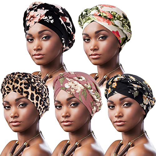 DRESHOW 5 Stück Afrikanischer Damen Turban Geflecht Kopfbedeckung Kopftücher Chemo Kappe Vorgebunden Beanie Mütze Kopfwickel Schlafmütze