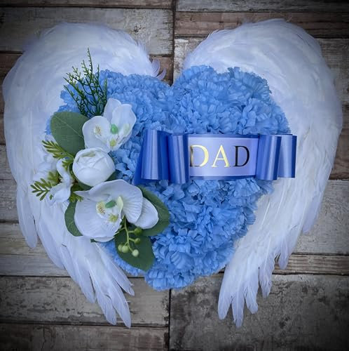 Fathers day Heart Wreath with Angel Wings, memorial Artificial Flowers for Grave or Funeral,