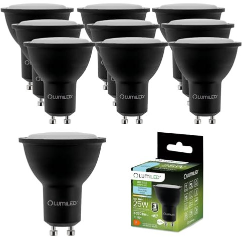 Lumiled LED GU10 Lampe 3W 270 Lm Kaltweiß 6500K Leuchtmittel Strahler ersetzt 25W 120° Strahlwinkel Spot Schwarz Reflektor 10 Stück Energiesparlampen