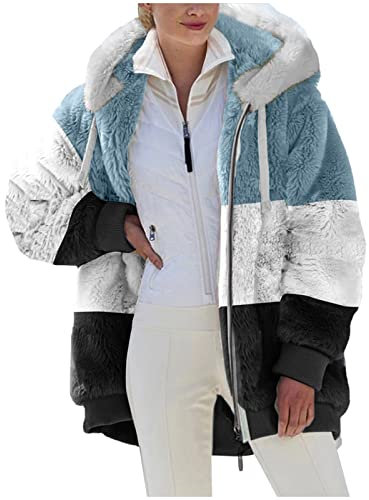 Fleecejacke Damen Winterjacke mit Taschen Hoodie Sweatjacke Einfarbig Strickjacke Kapuzenjacke Warm Wintermantel Teddy Fleece Jacke Oberteile Fellmantel Outwear Reißverschluss Mantel Schwarz XXL