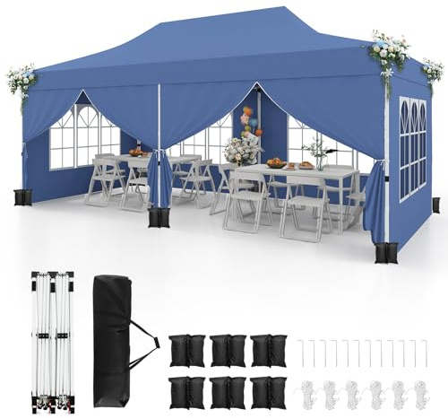 GOPLUS Tonnelle Pliante 3x6m Imperméable, Barnum Pliante de Jardin Extérieur, Pavillon Pop-Up avec Sac de Transport, Sac Lesté, pour Fête, Mariage, Barbecue (Bleu, 6 Bâches)