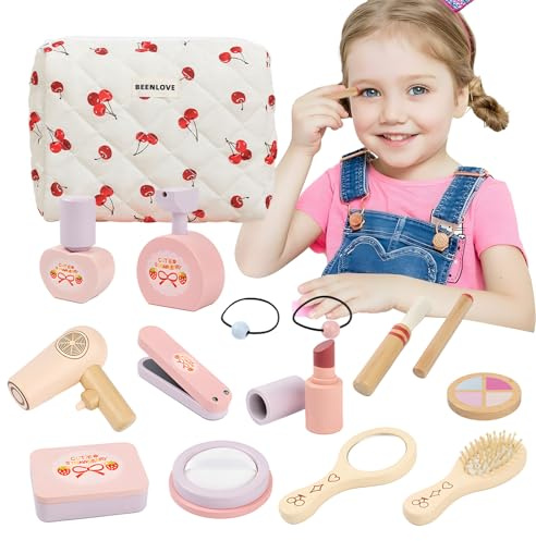 Juego de maquillaje infantil de madera, maletín de maquillaje para niñas para juegos de rol, maquillaje infantil para niñas, juego de maquillaje, juguete de madera, regalo para Navidad, cumpleaños