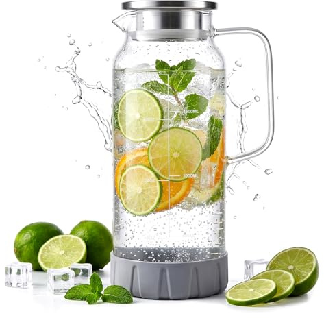 Jarra de cristal de borosilicato de 2 litros con tapa de acero inoxidable, de -20 °C a 150 °C, jarra de agua con escala, filtro, base de silicona antideslizante y resistente a los golpes, apta para