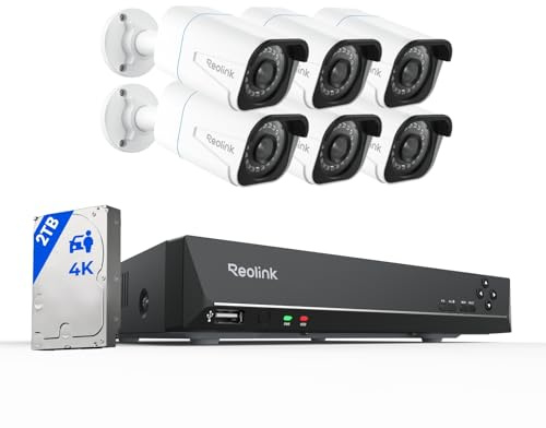 REOLINK 8CH 4K Security Camera System, 6pcs H.265 Bullet Wired PoE Cameras for Home Security Outdoors, Smart Person Vehicle Detection, 8CH NVR Recorder with 2TB HDD for 24-7 Recording, RLK8-800B6