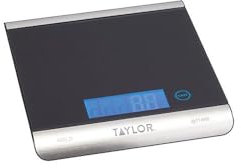 Taylor Pro, Digitale Küchenwaage für Lebensmittel mit Ultrahoher Kapazität, Professioneller Standard, mit Hoher Präzision und Genauigkeit sowie Tara-Funktion, Schwarzglas, Wiegekapazität 15 kg