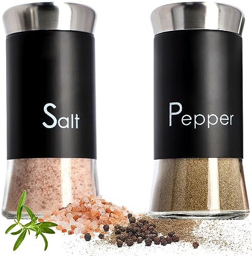 KADAX Juego de 2 saleros y pimenteros, 150 ml, de cristal y acero inoxidable, con tapa media, para especias (negro)