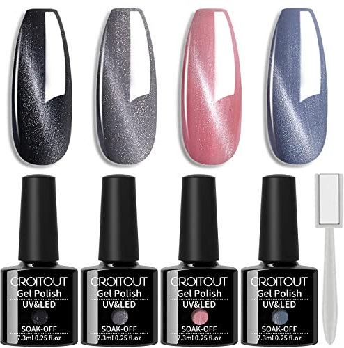 Croitout Gel Nagellack Set, Cat Eye Magnet UV Nagellack Set, Magnetisch Gel Gellack Shellac Set mit 1 Magnet, Mehrfarbig Ablösbarer Nagelgel Farben Geschenk Kit 4 x 7.3ml (4MY-007)