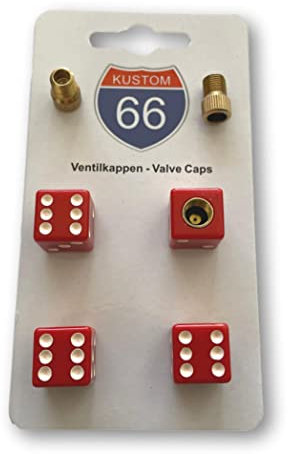 4er Set Ventilkappen + 2 Fahrradadapter -Würfel Rot- für jedes Auto, Motorrad und Fahrrad geeignet