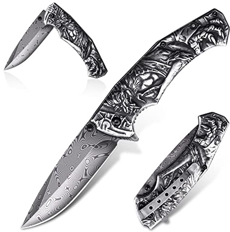 Purple Dragon Cuchillo plegable con el hombre lobo 3D grabado en relieve, Cool cuchillo de Damasco Patrón de bolsillo cuchillo de camping al aire libre, regalo para los hombres