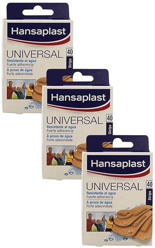 Hansaplast Universal 40 surtido (4 tamaños), apósitos resistentes al agua que repelen la suciedad, apósitos para heridas, tiras adhesivas con Bacteria Shield, 1 x 40 ud (Paquete de 3)