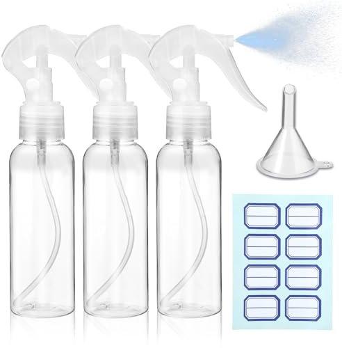 3 Stück Sprühflasche, 100ml Kleine Sprühflaschen zum Befüllen Transparente Leer Feinen Nebel Sprühflasche mit Etiketten Trichtern Reise Zerstäuber für Flüssigkeit Kosmetik Reinigung Körperpflege
