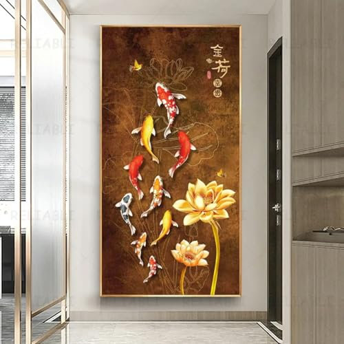 NXMYDBD Leinwandbild im chinesischen Stil, roter Koi, Glückskarpfen, Fisch, Goldfisch, Poster, Eingang, Heimdekoration, Bild, Jahresring, Wandkunst, 70 x 140 cm (28 x 55 Zoll), ungerahmt