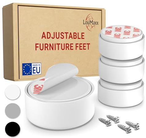 LouMaxx Piedini per Mobili Adesivi Regolabili in altezza Ø 55,5 mm – Piedini Mobili Bianchi Altezza Regolabile – Rialzi per Mobili con Materiale di Montaggio – Set da 4