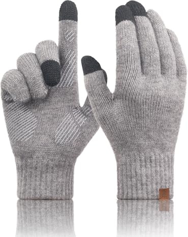 Guantes Invierno Hombre de Lana Merino, Guantes Termicos de Punto Tactiles Movil Smartphone para Hombre Mujer, Tejido Cálido Suave Ideal para Senderismo Deporte Bicicleta Correr Aire Libre - Gris L