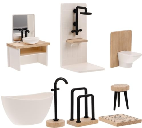 8 Pcs Dollhouse Bathroom Set 1:12 Scale Dollhouse Furniture, Miniature Doll House Modern Bathroom Accessories, Toilet Bathtub Sink and More, Modern Wood and Plastic