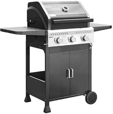 NUACOS 3 Burner Gas BBQ, with Lid Outdoor Barbecue Grill Built in Thermometer 2 Wheels Fitted Rack with 2 Shelves,Black