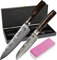 ZEUß Set di 2 coltelli damascati (32 cm e 24 cm) in vero acciaio damascato a 67 strati, con coltello da chef, coltello Santoku, manico in legno Pakka e pietra per affilare