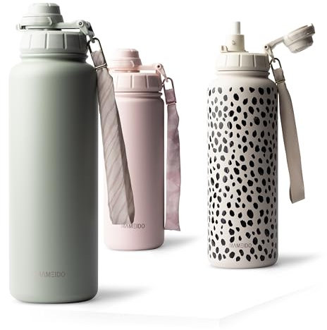 MAMEIDO Thermosflasche mit Strohhalm 1,2l, auslaufsichere Trinkflasche Edelstahl isoliert, Wasserflasche BPA-frei mit Trageschlaufe, Water Bottle Sport (Desert Sage, 1200ml)