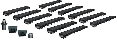 Pack de 12 Caniveaux Extérieurs MEAPARK – Grille Passerelle en Polyamide – Drainage Terrasse, Piscine, Jardin – Classe B125 Véhicule léger – Largeur utile 10 cm