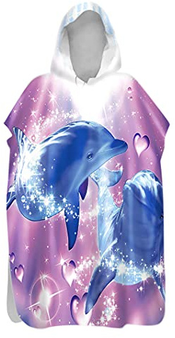 Hiseng Erwachsene Kinder Badeponcho, Tierdruck Bademantel Weich Badetuch Mikrofaser Schnelltrocknend Surf Poncho Schwimmen Strand Poncho mit Kapuze (80x145cm,Delfin Paar)