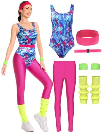80er-Jahre-Trainingskostüm für Damen, Aerobic-Outfit, Yoga-Overall, 90er-Jahre-Retro-Zubehör-Set, Gymnastikanzug, Leggings, Stirnband, Rot/Ausflug, einfarbig (Getaway Solids), XX-Large