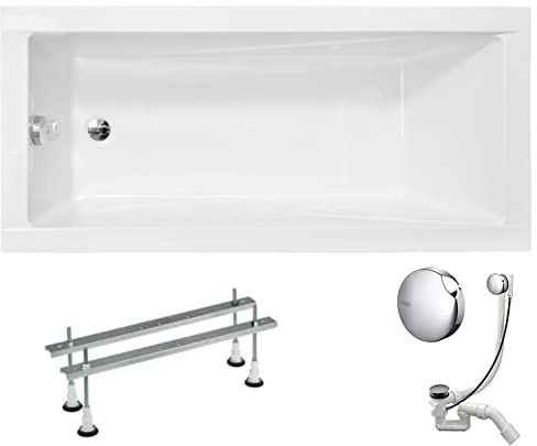 VBChome Baignoire en acrylique - 150 x 70 cm - Blanc - Rectangulaire - Pieds de baignoire - Design moderne - Bonde chromée