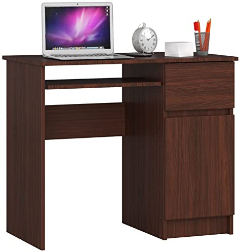 AKORD | Escritorio con Estante para Teclado | Escritorio de Oficina | Cajón y Contenedor en el Lado Derecho | para Computadora PC Portátil | 90x77x50 cm | 30 kg Wengé