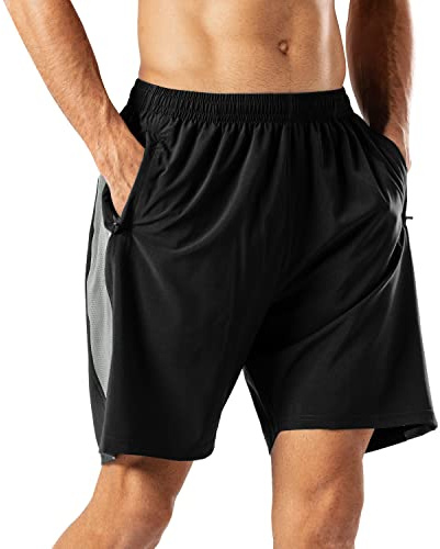 HMIYA Vardaglig sport snabbtorkande träning löpning eller gym träningsshorts med blixtlåsfickor, Svart grå, XL