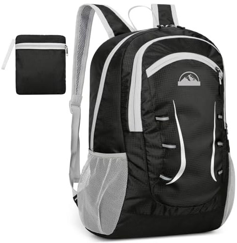 Alitifiy Zaino leggero e pieghevole, 30 l, impermeabile, piccolo zaino da trekking e zaino pratico per uomini, donne, bambini, viaggi, campeggio, attività all'aperto, Nero grigio, (30L)