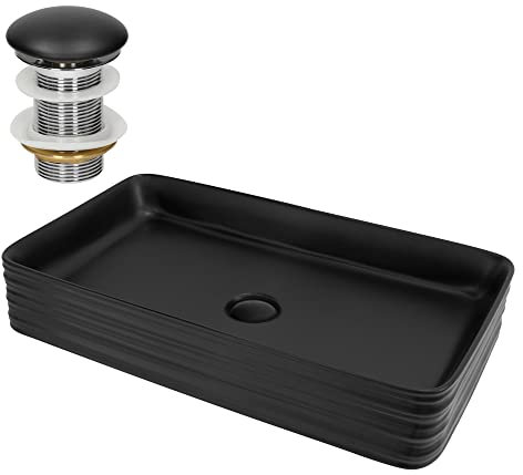 ML-Design Waschbecken aus Keramik Schwarz 68x38x12 cm Eckig inkl. Ablaufgarnitur, Moderne Aufsatzwaschbecken, Design Waschtisch Aufsatz-Waschschale Waschplatz Handwaschbecken, für Badezimmer/Gäste-WC