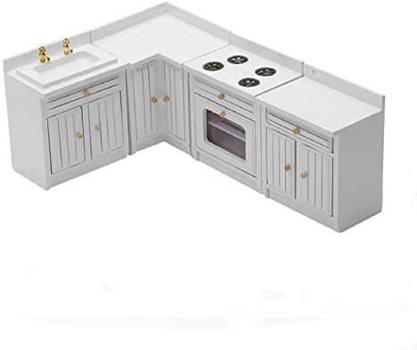 VIONNPPT 1:12 Casa de muñecas Dulce Juego de 4 muebles de cocina de madera en miniatura, estufa y isla de cocina, accesorios para muñecas DIY, modelo de decoración(rosa)