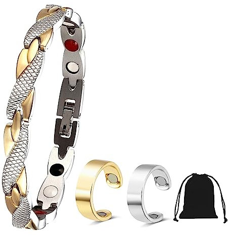LOCCY Magnetarmband für Herren Damen,Magnetfeldtherapie-Armband Titanstahlarmband Magnetisches Armbänder mit 2x Magnet Ringe Geschenk für Geburtstage, Jahrestag, Valentinstag, Weihnachten(Gold+Silber)