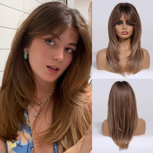 Allbell Ombre bruna peruker med Bangs naturligt hår långa lager syntetiska peruker för kvinnor