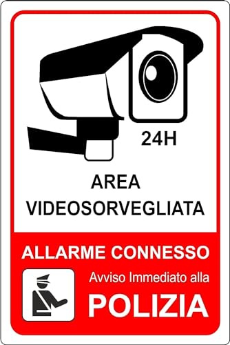 M-ITALY CARTELLO SEGNALETICO - VIDEOSORVEGLIANZA ALLARME CONNESSO Polizia 24 ore - Adesivo Extra Resistente, Pannello in Forex, Pannello In Alluminio (10x15 cm, Alluminio)