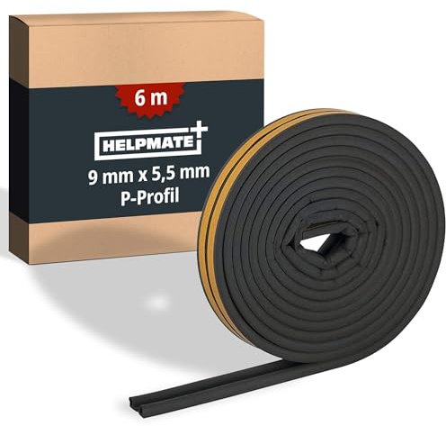 HELPMATE – Joint de fenêtre et de porte – 6 m – 9x5,5 mm – Ruban d’étanchéité autocollant pour portes et fenêtres – Profil P – Joint profilé pour espaces de 2,5 à 5 mm – Noir