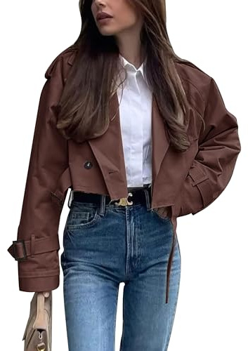 Vimyig Gabardina corta para mujer, casual, solapa, doble botonadura, chaqueta corta con cinturón, Marrón, M