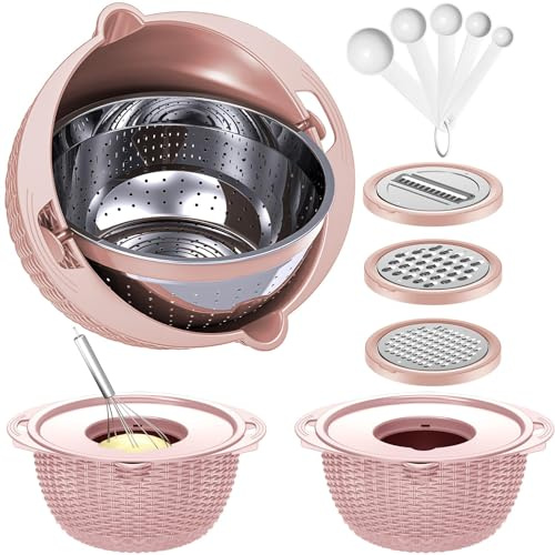Passoire 4-1 avec bol et cuillères – Passoire alimentaire avec râpes et cuillères améliorées – Passoires pour cuisine (breveté) – Passoire pour fruits, pâtes, légumes, cadeaux amusants pour femme