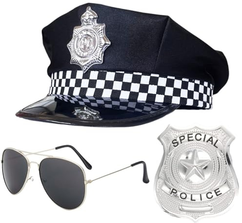 SKHAOVS 3-teiliges Polizei-Kostüm-Set, Polizei-Kostüm, Polizei-Kostüm, Zubehör mit Polizeihut, Sonnenbrille, Erkennungsmarke für Erwachsene, Cosplay, Halloween, Mottoparty, Rollenspiele