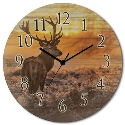ARTLAND Wanddeko Wanduhr ohne Tickgeräusche aus Holz Quarzuhr lautlos rund Ø 30 cm Rotwild D3JI Tiere Hirschbilder