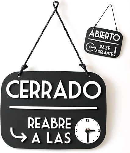 3DP Cartel Abierto Cerrado Vuelvo enseguida con Ventosa - Horario Comercial modificable con dial y manecillas (Negro, Español)