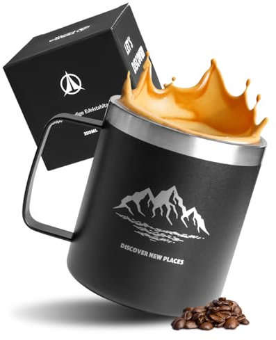 Terra Peak® Premium 350ml Edelstahl Thermobecher mit Henkel doppelwandig (hält 9h heiß) - Thermotasse für Kaffee & Tee - Outdoor Thermo-Becher & Tasse Camping, Wandern - Kaffeebecher isoliert schwarz