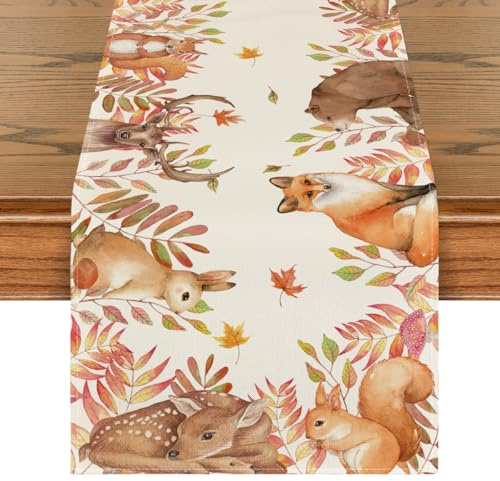 Artoid Mode Sikahirsch Eichhörnchen Vögel Herbst Tischläufer 40x180 cm | Tiere Blätter Saisonal Hause Wohnzimmer Tisch Dekoration Drinnen Urlaub Party Dekor