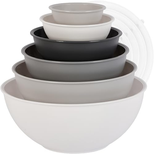 BoxedHome Salatschüssel mit Deckel 12tlg., BPA-freiem Kunststoff, Weiß | Dezente, Matte Oberfläche, Spülmaschinenfest, Stapelbares Schüssel-Set, 70% Platzersparnis, für Camping, Backen und Kochen