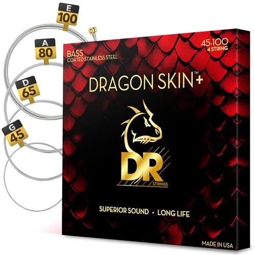 DR Strings DRAGON SKIN+ - Cuerdas de bajo de acero inoxidable recubiertas - DBS-45/100 - Sonido superior con tacto cómodo y larga vida: luz media 45-100