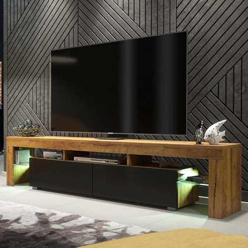Creative Furniture TV Unit 200cm Dark Oak Modern Stand Black Matt Doors + LED