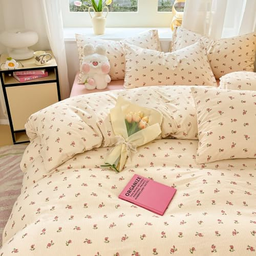 Covebett King Duvet Cover Floral Beige Pink Flowers Striped Bedding Set | Washed Microfiber, Vintage Flower, Botanical, Aesthetic, Soft Quilt Cover 220x230 with Zipper Closure, 2 Pillowcases 50x75 cm