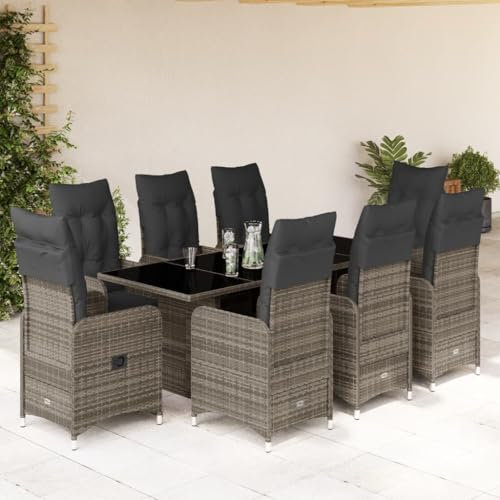 Homgoday Gartenmöbel-Set, Bistro, 9-teilig, mit Kissen aus Polyrattan, grau, Gartenmöbel, Tisch und Stühle für den Außenbereich, Modell 3277042