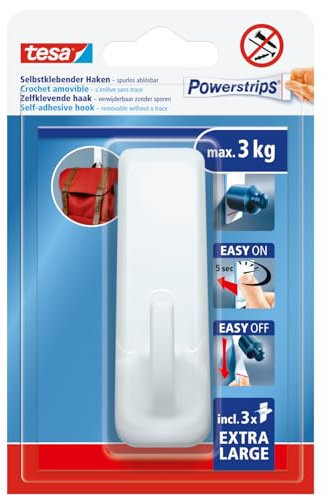 tesa Powerstrips Klebehaken XL Rechteckig - selbstklebender Haken mit extra starkem Halt - wiederverwendbarer Wandhaken für Bad oder Küche - Montage ohne Bohren - Weiß - 1 x Haken, 3 x Powerstrips XL